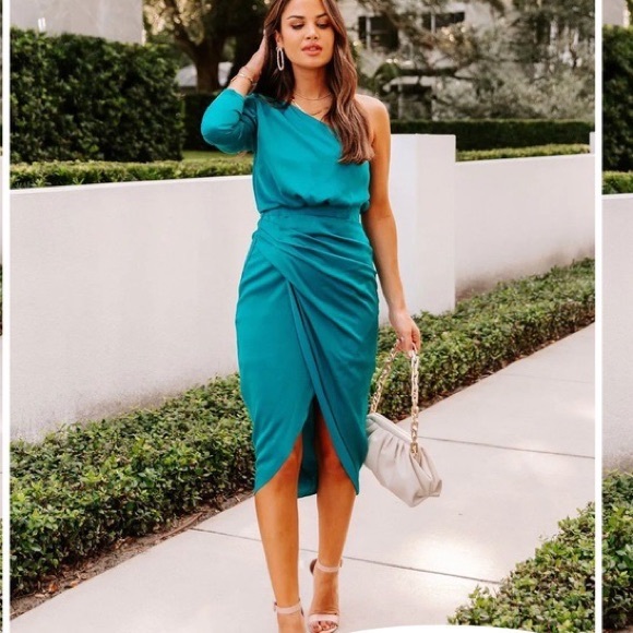 VICI Satin Teal One Shoulder MIDI Dress - Picture 1 of 13